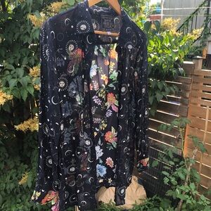 Celestial Johnny Was Jade Floral Sun Moon Bohemian Chic Sheer Blouse M